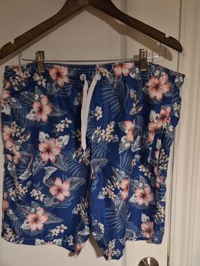 Men Blue Floral Swim Shorts with Drawstring